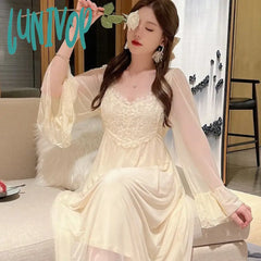 Lunivop Spring Autumn Mesh Long Night Dresstwo Pieces Sexy Lace Full Sleeve Nightgown Robe Sets