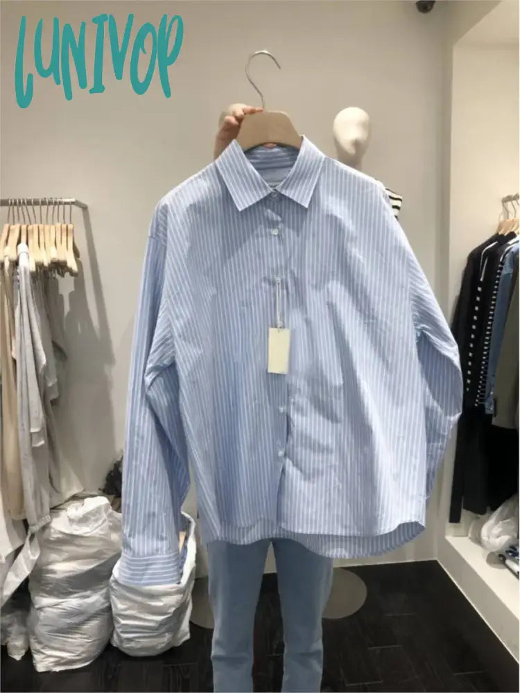 Lunivop Spring Classic Striped Shirt Women Korean Fashion Long Sleeve Single Breasted Lapel Collar