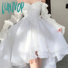 Lunivop Spring Elegant White Off Shoulder Fairy Dress Chic Princess Puff Mesh Wedding Party Porm