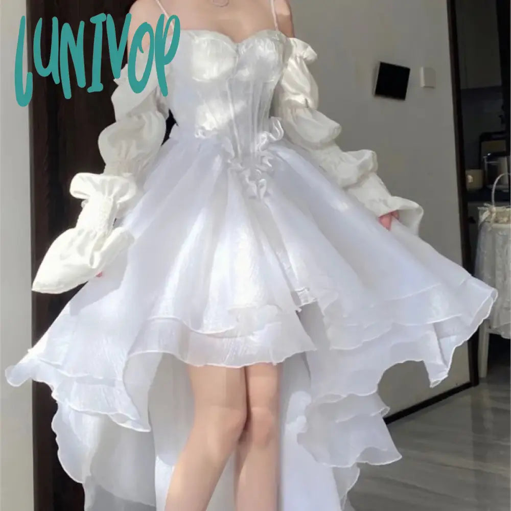 Lunivop Spring Elegant White Off Shoulder Fairy Dress Chic Princess Puff Mesh Wedding Party Porm