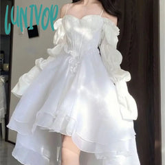 Lunivop Spring Elegant White Off Shoulder Fairy Dress Chic Princess Puff Mesh Wedding Party Porm