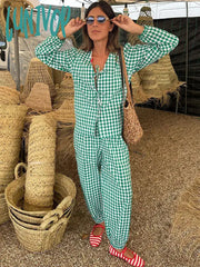 Lunivop Spring Fashion Plaid Printed Long Sleeves Shirt Pants Set For Women Casual V Neck Lace Up