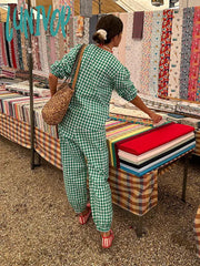 Lunivop Spring Fashion Plaid Printed Long Sleeves Shirt Pants Set For Women Casual V Neck Lace Up