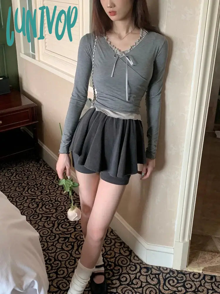 Lunivop Spring Kawaii Two Piece Skirt Set Women Lace Vintage Y2K Party Mini Suit Female Korean