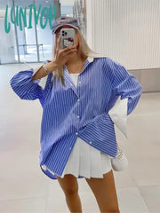 Lunivop Spring Summer Striped Blouses 2024 New Simple Long Sleeve Lapel Collar Patchwork Blouse