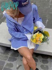 Lunivop Spring Summer Striped Blouses 2024 New Simple Long Sleeve Lapel Collar Patchwork Blouse