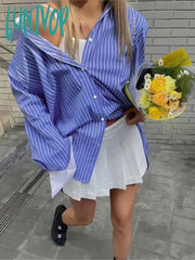 Lunivop Spring Summer Striped Blouses 2024 New Simple Long Sleeve Lapel Collar Patchwork Blouse