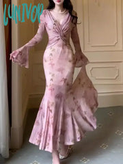 Lunivop Spring Summer Women Bodycon Slim Print Long Dress Vintage Chic Elegant Fishtail Party