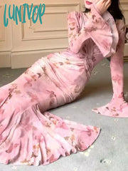 Lunivop Spring Summer Women Bodycon Slim Print Long Dress Vintage Chic Elegant Fishtail Party