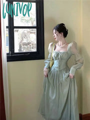 Lunivop Square Collar Dresses Women Pink Green Beige Long Puff Sleeves Spring Sweet Dress Party