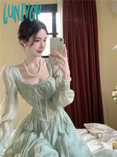 Lunivop Square Collar Dresses Women Pink Green Beige Long Puff Sleeves Spring Sweet Dress Party