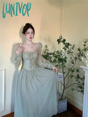 Lunivop Square Collar Dresses Women Pink Green Beige Long Puff Sleeves Spring Sweet Dress Party