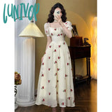 Lunivop Square Collar Sweet Cherry Embroidery Puff Short Sleeve Party Dress 2024 Summer Women