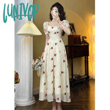 Lunivop Square Collar Sweet Cherry Embroidery Puff Short Sleeve Party Dress 2024 Summer Women