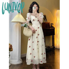 Lunivop Square Collar Sweet Cherry Embroidery Puff Short Sleeve Party Dress 2024 Summer Women