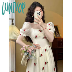 Lunivop Square Collar Sweet Cherry Embroidery Puff Short Sleeve Party Dress 2024 Summer Women