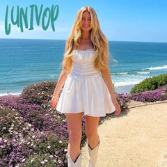 Lunivop Square Neck White Dress Lovely Lace Patchwork A Line Holiday Party Dresses Casual Mini