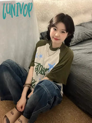 Lunivop Star Graphics Print T Shirts Women Y2K Grunge Patchwork Oversized Tops Streetwear Aesthetic
