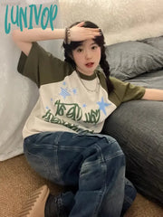Lunivop Star Graphics Print T Shirts Women Y2K Grunge Patchwork Oversized Tops Streetwear Aesthetic