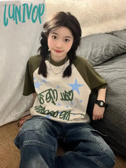 Lunivop Star Graphics Print T Shirts Women Y2K Grunge Patchwork Oversized Tops Streetwear Aesthetic