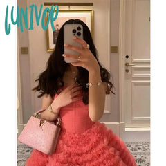 Lunivop Strapless Ball Prom Gowns Dresses Gradient Pink Watermelon-Red Evening Women Lace Mesh 3D
