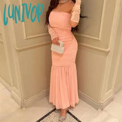 Lunivop Strapless Chiffon Evening Dresses Ruched Pleat Sexy Mermaid Dubai Arab Boat Neck Fashion