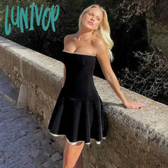 Lunivop Strapless Lace Up Black Mini Dress Women Off Shoulder Sleeveless Sexy Splice Female Summer