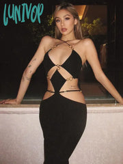 Lunivop Strapless Metal Ring Cut Out Maxi Dress Women Black Halter Low Backless Hollow Bodycon Sexy