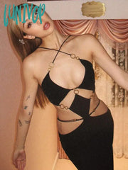 Lunivop Strapless Metal Ring Cut Out Maxi Dress Women Black Halter Low Backless Hollow Bodycon Sexy