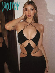 Lunivop Strapless Metal Ring Cut Out Maxi Dress Women Black Halter Low Backless Hollow Bodycon Sexy