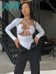 Lunivop Strappy Sexy Cut Out Tie Front Top Bodysuits For Women Long Sleeve Tops One Piece High Rise