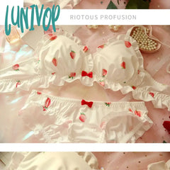 Lunivop Strawberry Cute Japanese Milk Silk Bra & Panties Set Wirefree Soft Underwear Kawaii Lolita