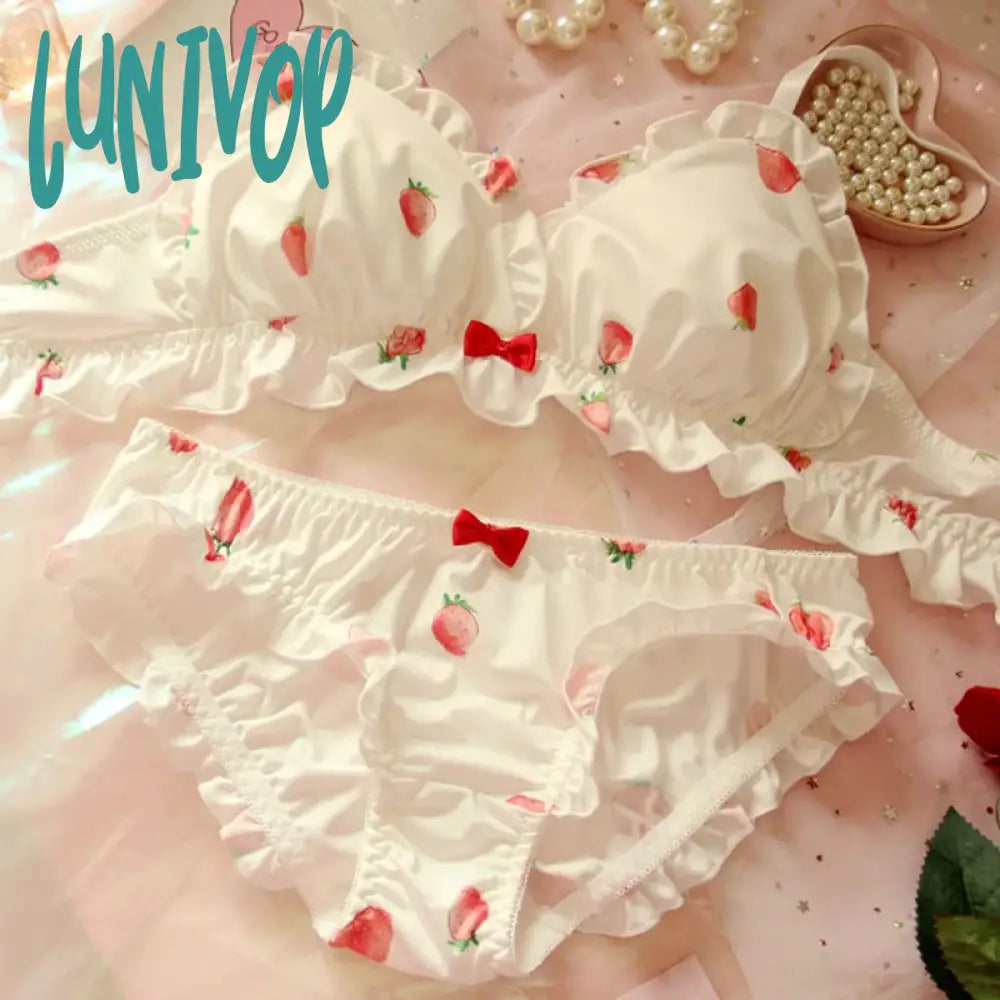 Lunivop Strawberry Cute Japanese Milk Silk Bra & Panties Set Wirefree Soft Underwear Kawaii Lolita