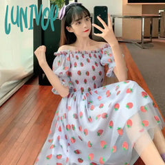 Lunivop Strawberry Dress Women French Style Lace Chiffon Sweet Casual Puff Sleeve Elegant Printed