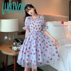 Lunivop Strawberry Dress Women French Style Lace Chiffon Sweet Casual Puff Sleeve Elegant Printed