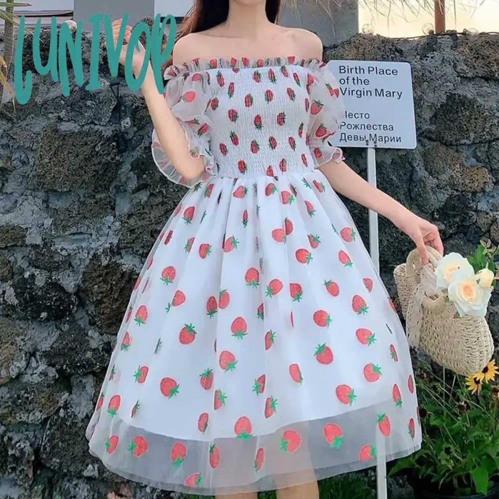Lunivop Strawberry Dress Women French Style Lace Chiffon Sweet Casual Puff Sleeve Elegant Printed
