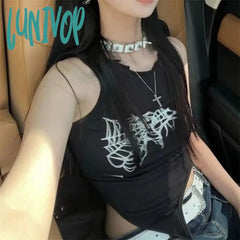 Lunivop Street Punk O-Neck Sleeveless Black Tops Mujer Y2K E-Girl Irregular Slim Fit Lace Up Tank