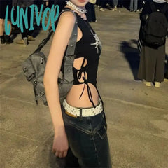 Lunivop Street Punk O-Neck Sleeveless Black Tops Mujer Y2K E-Girl Irregular Slim Fit Lace Up Tank