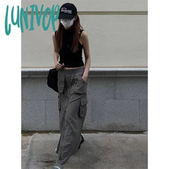 Lunivop Streetwear Cargo Skirts Women Y2K Vintage Pockets A Line Skirt Harajuku Korean High Waist