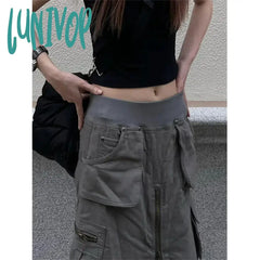 Lunivop Streetwear Cargo Skirts Women Y2K Vintage Pockets A Line Skirt Harajuku Korean High Waist