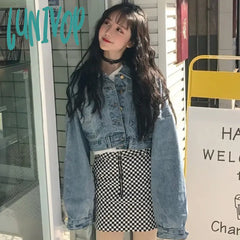 Lunivop Streetwear Cropped Denim Jackets Women Oversized Casual Short Coat Korean Batwing Sleeve