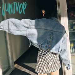 Lunivop Streetwear Cropped Denim Jackets Women Oversized Casual Short Coat Korean Batwing Sleeve