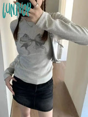 Lunivop Streetwear Fashion Vintage Bow Print Tee Shirts Autumn Slim Harajuku Y2K Tshirts All Match