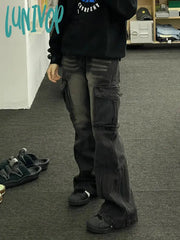 Lunivop Streetwear Goth Dark Academia Gyaru Cyber Punk Harajuku Y2K Black Flare Jeans Low Rise