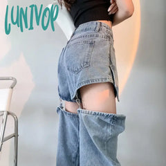 Lunivop Streetwear Jeans Woman High Waist Vintage Fashion Patchwork Denim Ripped Holes Pants Female