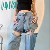 Lunivop Streetwear Jeans Woman High Waist Vintage Fashion Patchwork Denim Ripped Holes Pants Female