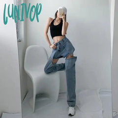 Lunivop Streetwear Jeans Woman High Waist Vintage Fashion Patchwork Denim Ripped Holes Pants Female