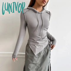 Lunivop Streetwear Long Sleeve Ruched Sirring Side T Shirt Y2K Emo Slim With Hat Crop Top Women
