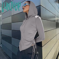 Lunivop Streetwear Long Sleeve Ruched Sirring Side T Shirt Y2K Emo Slim With Hat Crop Top Women