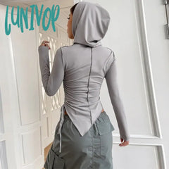 Lunivop Streetwear Long Sleeve Ruched Sirring Side T Shirt Y2K Emo Slim With Hat Crop Top Women